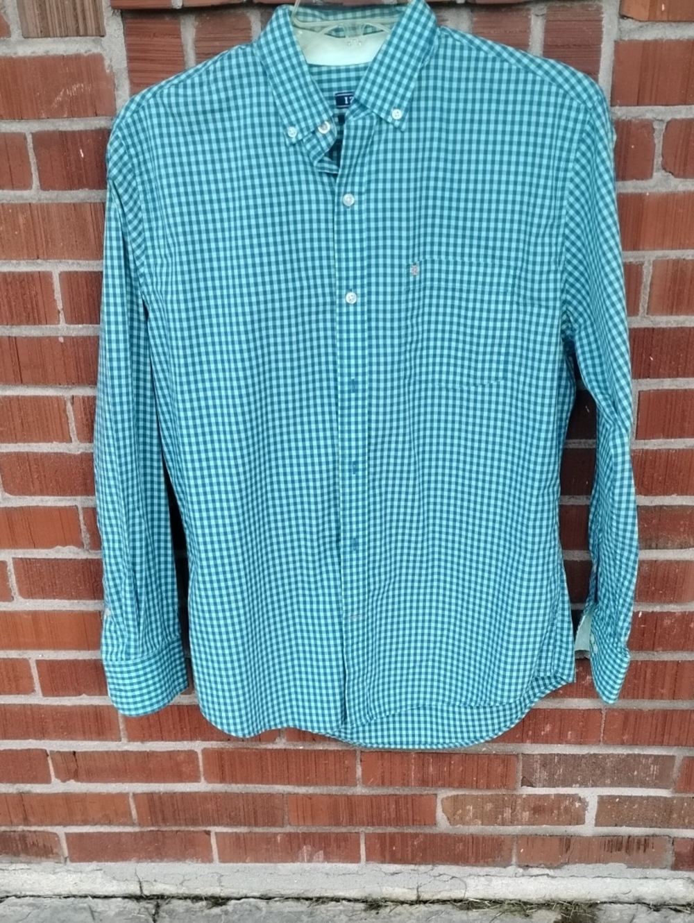 Izod Teal and White Gingham Button-Down Shirt